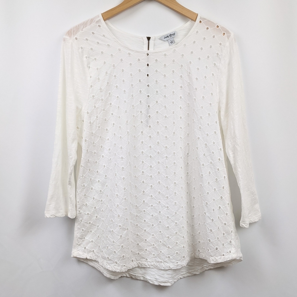 Lucky Brand Eyelet Top Sheer Long Sleeve Boho Prairiecore Feminine Lacy White L